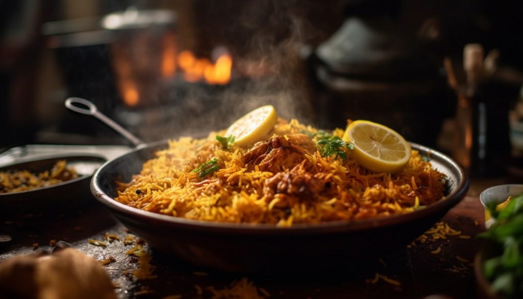 Grilled seafood paella, a gourmet healthy meal generated by AI